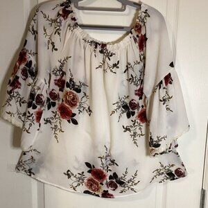 Umgee Women's Top Off-The-Shoulder Blouse Cream Floral Semi Sheer Flounce Sleeve